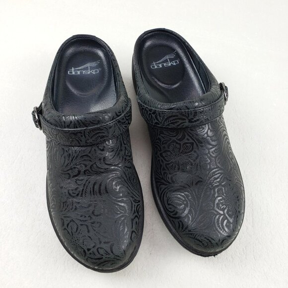 Dansko Allison Embossed Floral Clog Women 7.5-8 EU 38 Black Leather Slip On Shoe - Picture 1 of 12